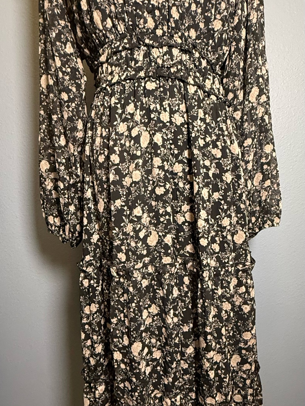 Floral Tiered Long Sleeve Maxi Dress in Black and Cream